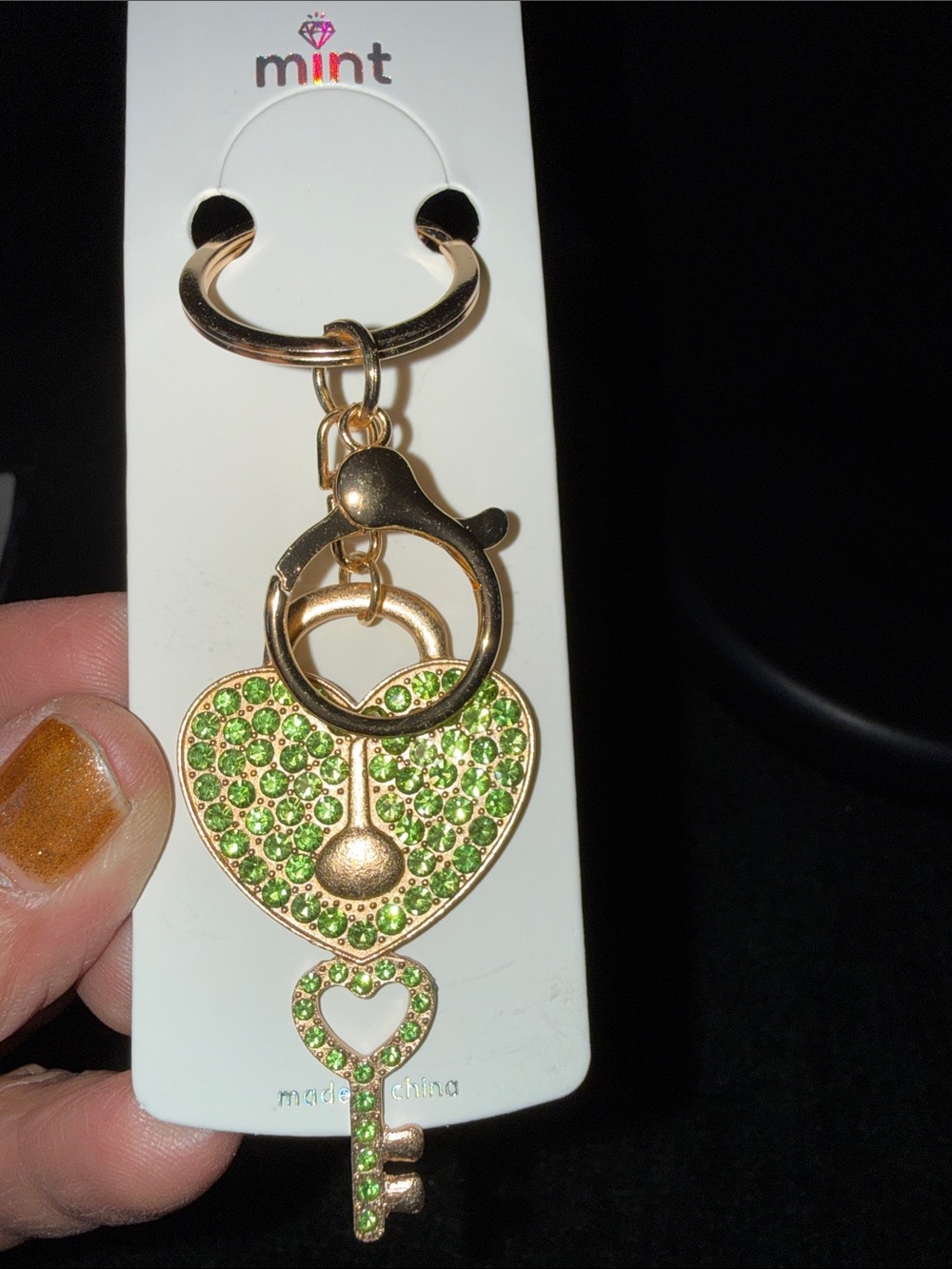 Mint Gold-Tone Heart & Key Crystal Keychain — Green